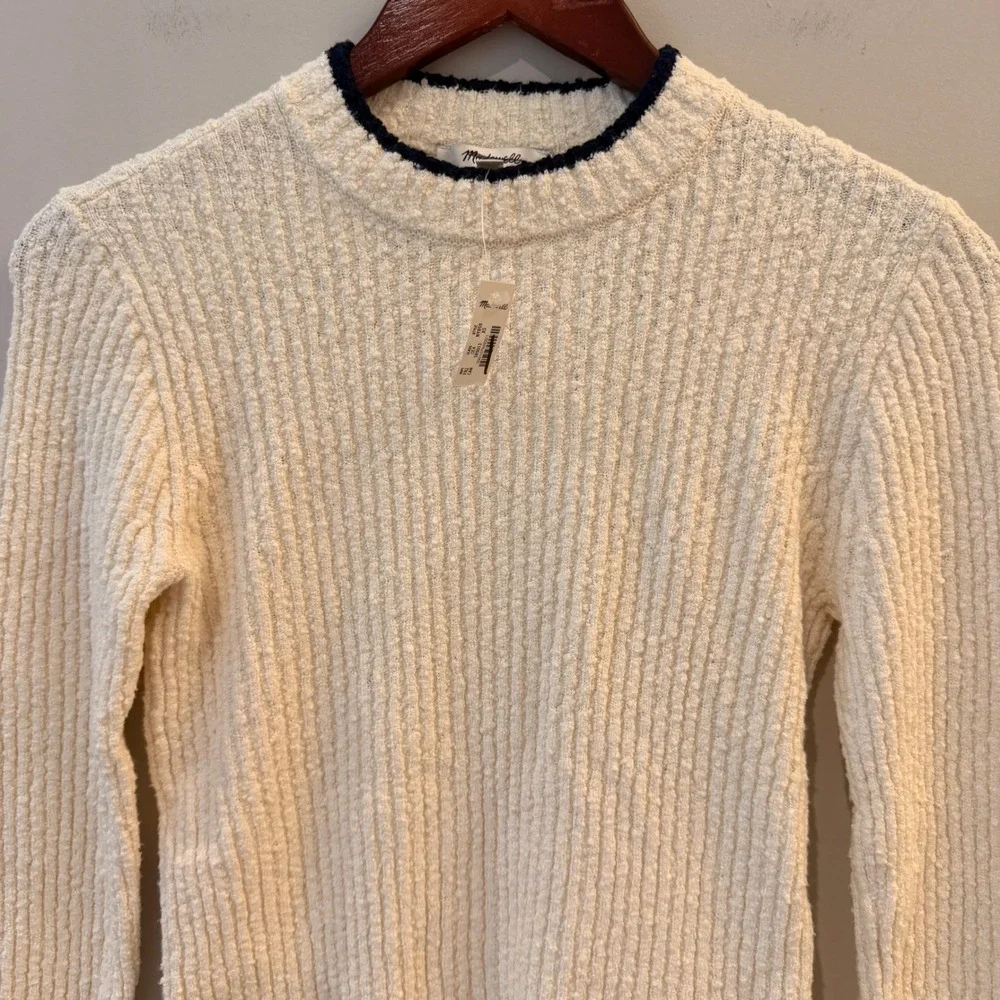 Madewell Boucle Knit Crewneck Sweater Ribbed Striped Cream Navy NY859 XS NWT